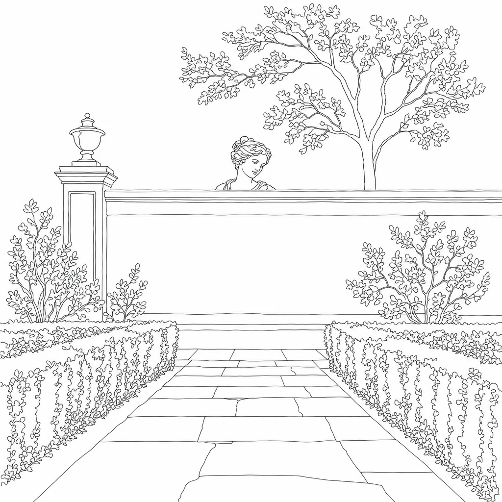 Line drawing of a classical marble statue peeking over a stone garden wall in a quiet garden