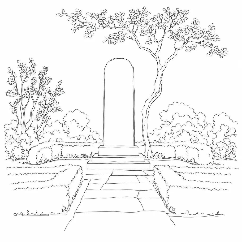 Line drawing of a tall blank classical stone stele on a stepped plinth in a quiet garden