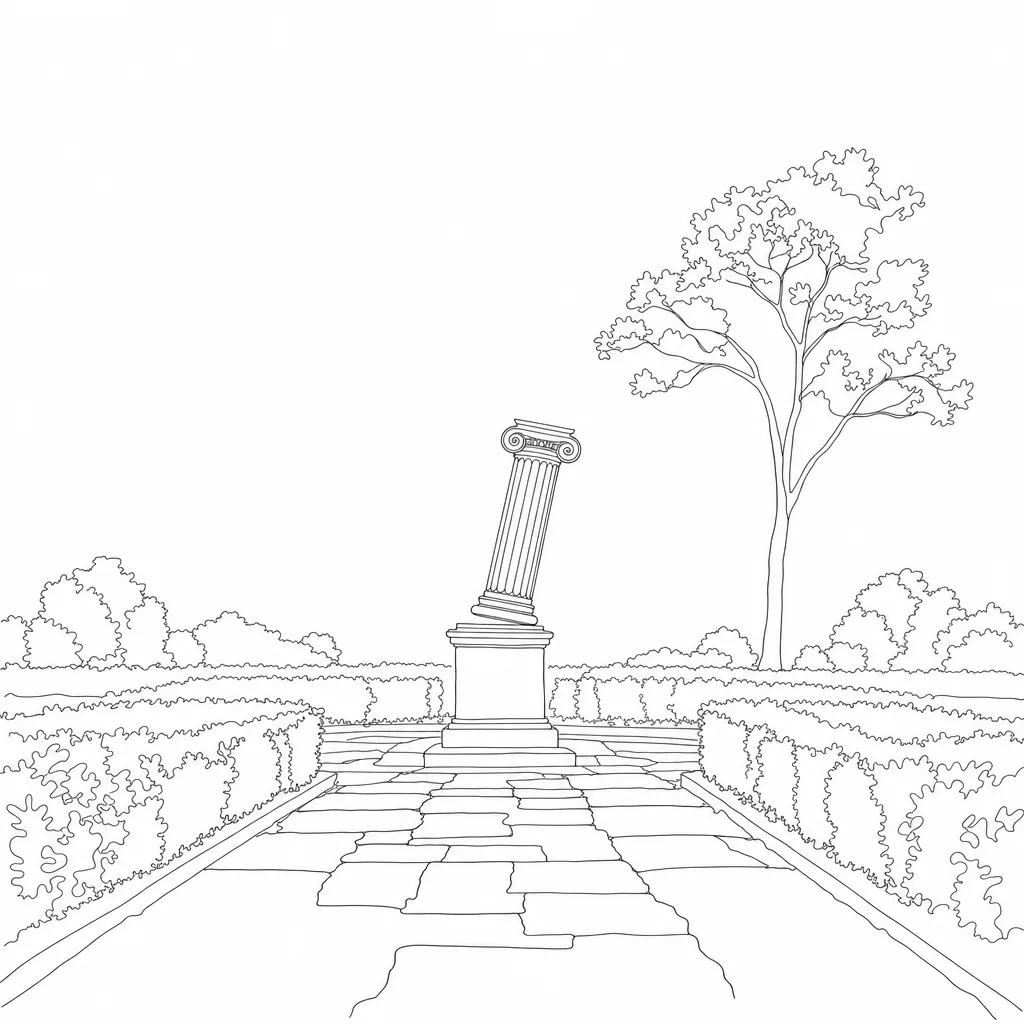 Line drawing of a single classical marble column caught mid-tip on its pedestal in a quiet garden